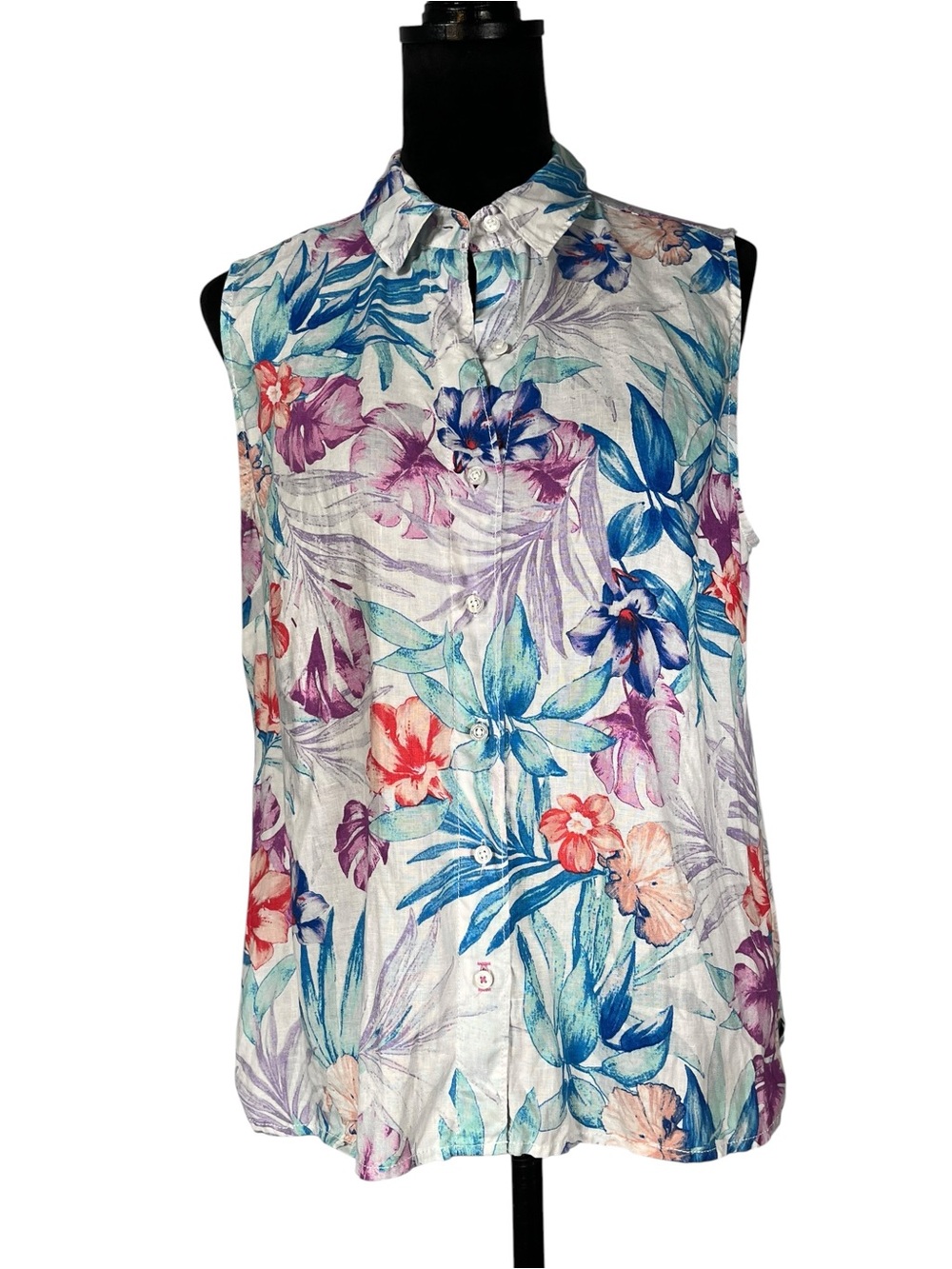 Tommy Bahama Linen Vest Top Sleeveless White Blue Pink Floral Button Front Shirt
